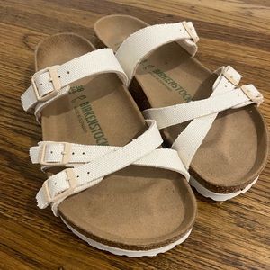 Franca vegan Birkenstock. Color - Canvas Eggshell, lightly worn. Size 7 1/2